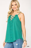 Green Plunging V-neckline Lattice Top