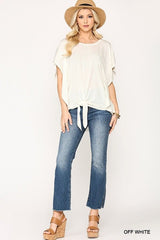 White Leopard Jacquard Front Tie Knot Blouse