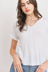 White Waffle Raw Edge V-neck Rolled Up Short Sleeves Top