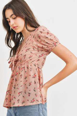 Pink BlushFloral Front Tie Waffle Peplum Top