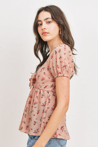 Pink BlushFloral Front Tie Waffle Peplum Top