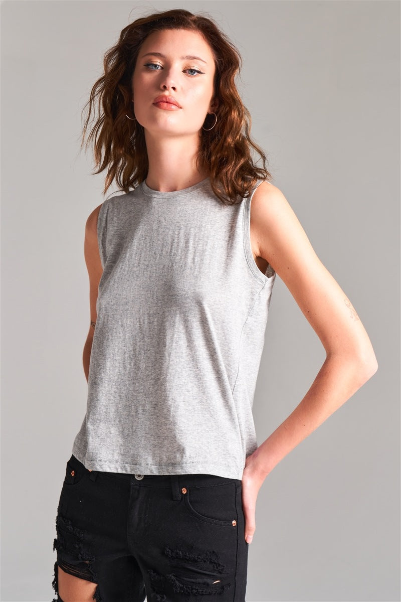 Grey Sleeveless Round Neck Basic Tank Top