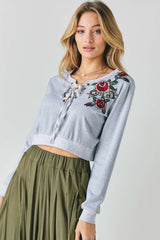 Grey Floral Embroidered Cropped Sweatshirt