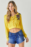 Yellow Floral Embroidered Cropped Sweatshirt