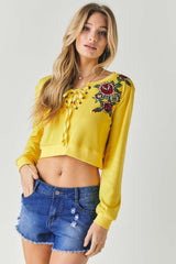 Yellow Floral Embroidered Cropped Sweatshirt