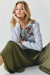 Grey Floral Embroidered Cropped Sweatshirt