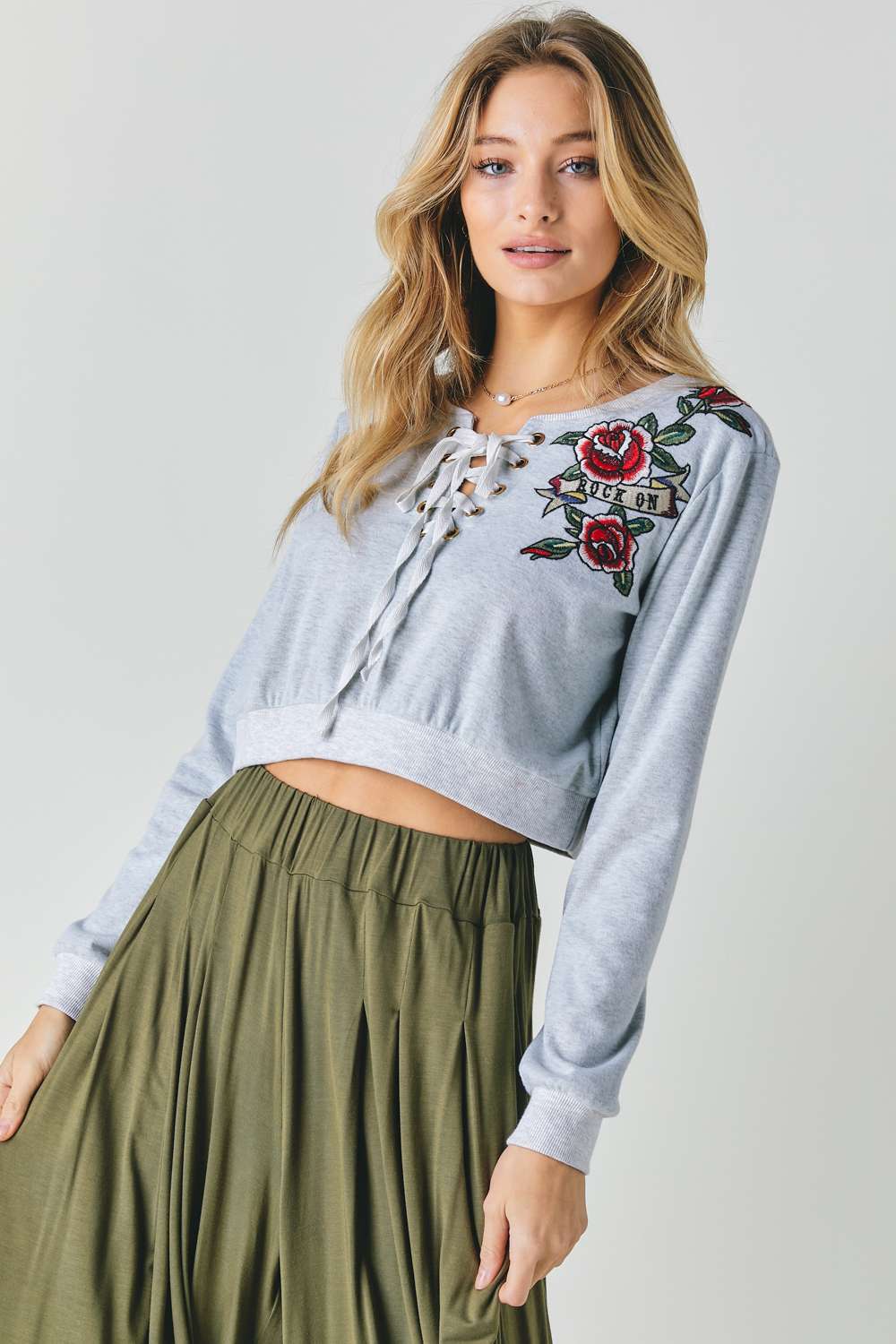 Grey Floral Embroidered Cropped Sweatshirt