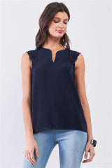 Navy Slit Neckline Scallop Women's Tank Top
