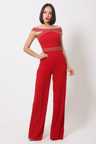 Red Off Shoulder Straps with Greek Print Design 