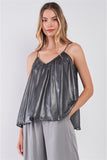 Silver Black V-neck Sleeveless Loose Fit Women's Top