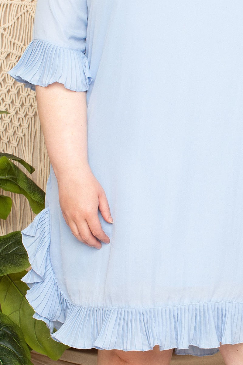 Sky Blue Pleated Ruffle Detailed Women's Mini Dress