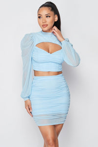 Light Blue Sexy Sheer Cutout Puff Sleeved Top and Skirt Set