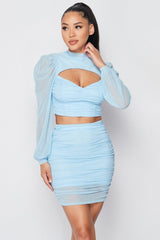 Light Blue Sexy Sheer Cutout Puff Sleeved Top and Skirt Set