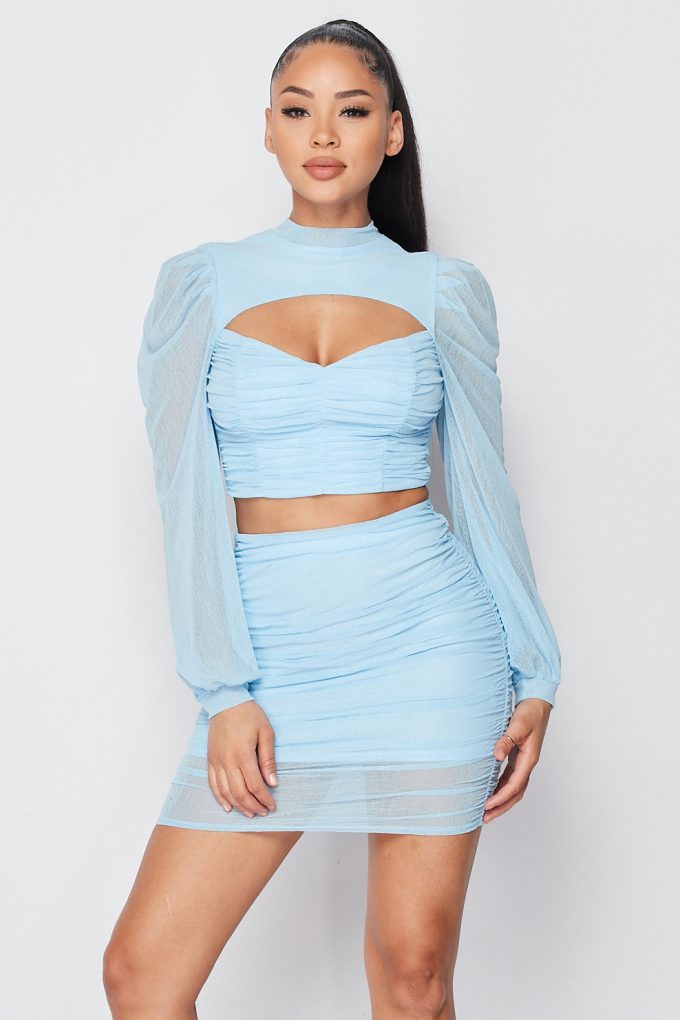 Light Blue Sexy Sheer Cutout Puff Sleeved Top and Skirt Set