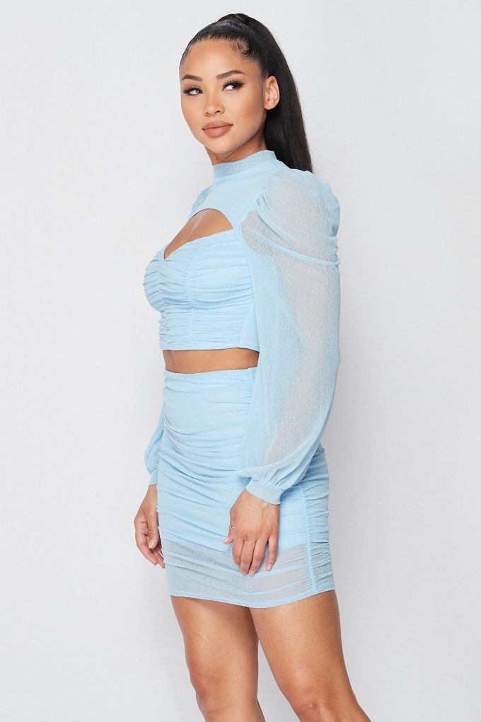 Light Blue Sexy Sheer Cutout Puff Sleeved Top and Skirt Set