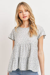 Dot Textured Print Jersey Crew Neck Ruffled Short Sleeve Top