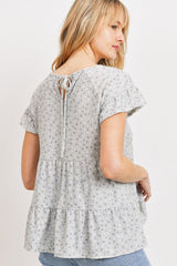 Dot Textured Print Jersey Crew Neck Ruffled Short Sleeve Top