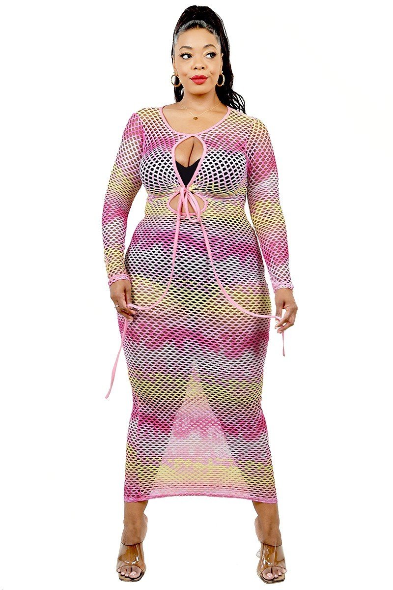 Mauve See-through Gradient Fishnet Plus Women's Dress