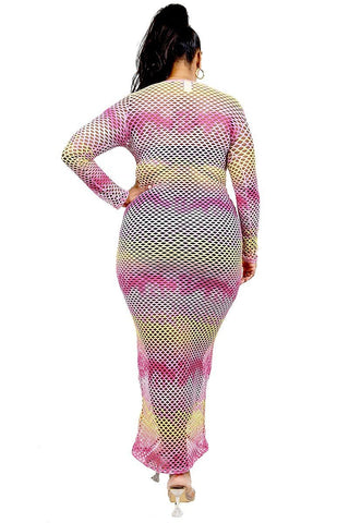 Mauve See-through Gradient Fishnet Plus Women's Dress