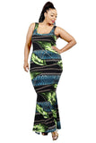 Neon Green Leaf and Chain Print Plus Size Bodycon Maxi Dress