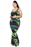 Neon Green Leaf and Chain Print Plus Size Bodycon Maxi Dress