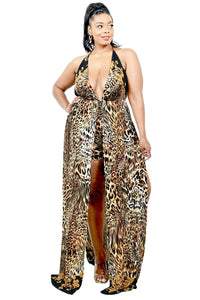 Wild Animal Print Plus Size Halter Neck Mexi Dress