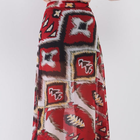Vintage Print Maxi Skirt With Slits - Red & Multi 