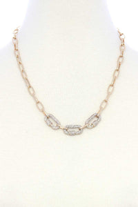 Rhinestone Charm Oval Link Metal Necklace