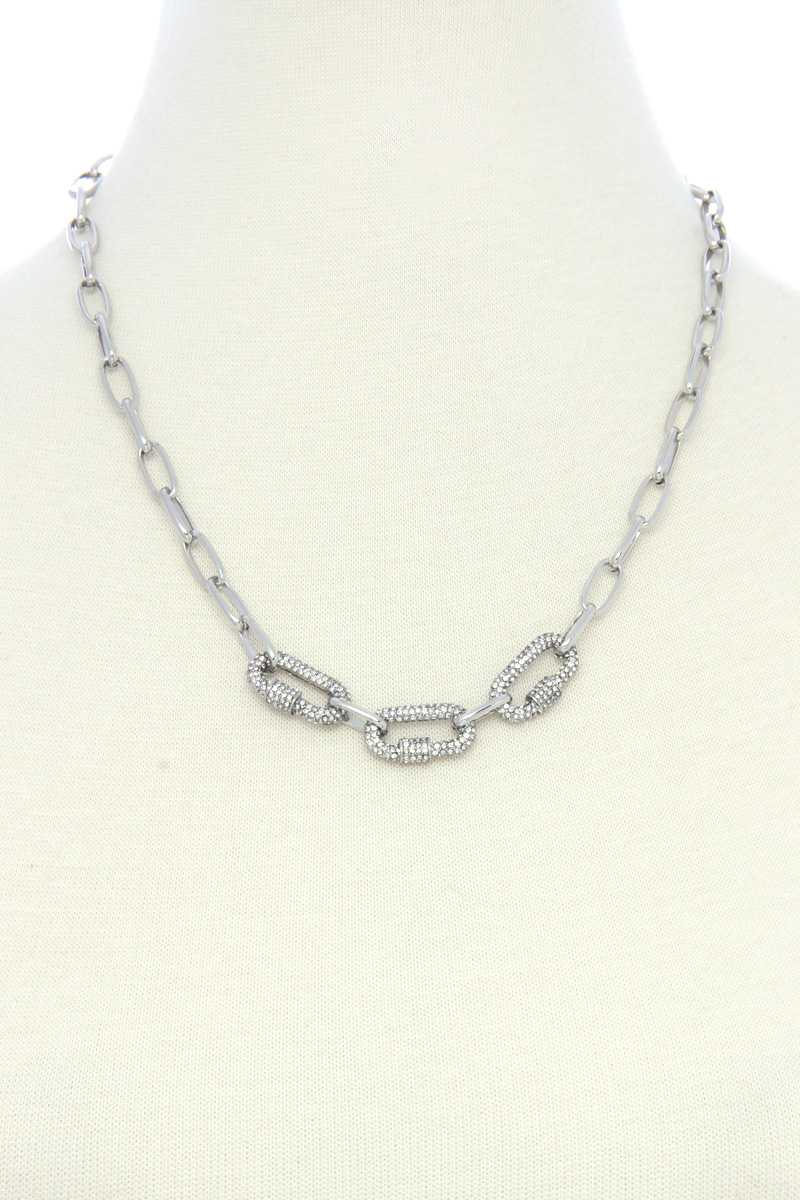 Rhinestone Charm Oval Link Metal Necklace