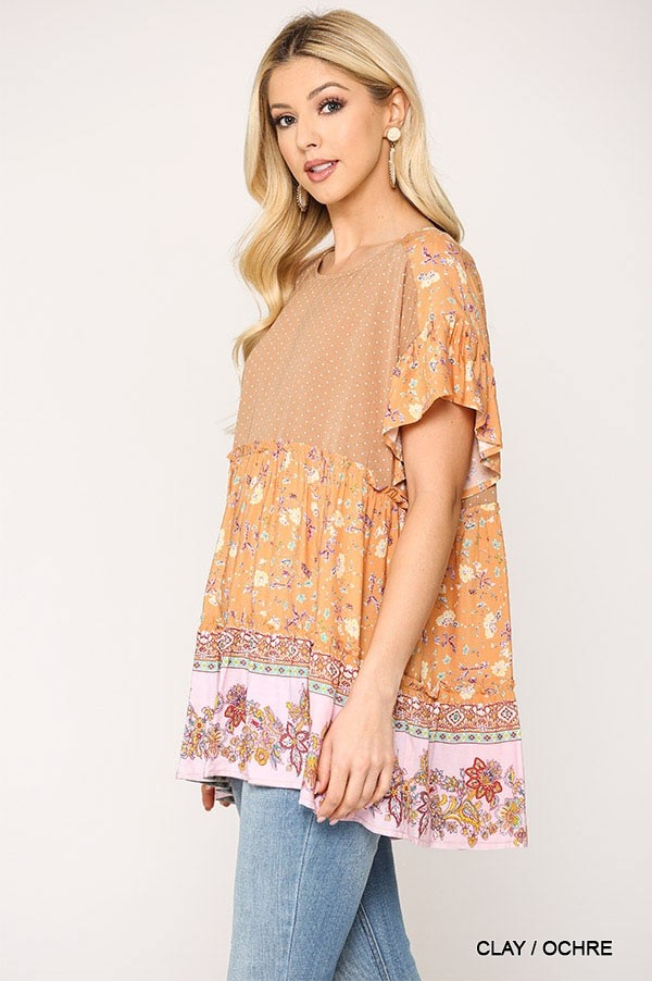 Dot and Floral Print Mixed Ruffle Top with Back Keyhole