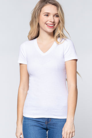 Short Sleeve V-neck Rib Top