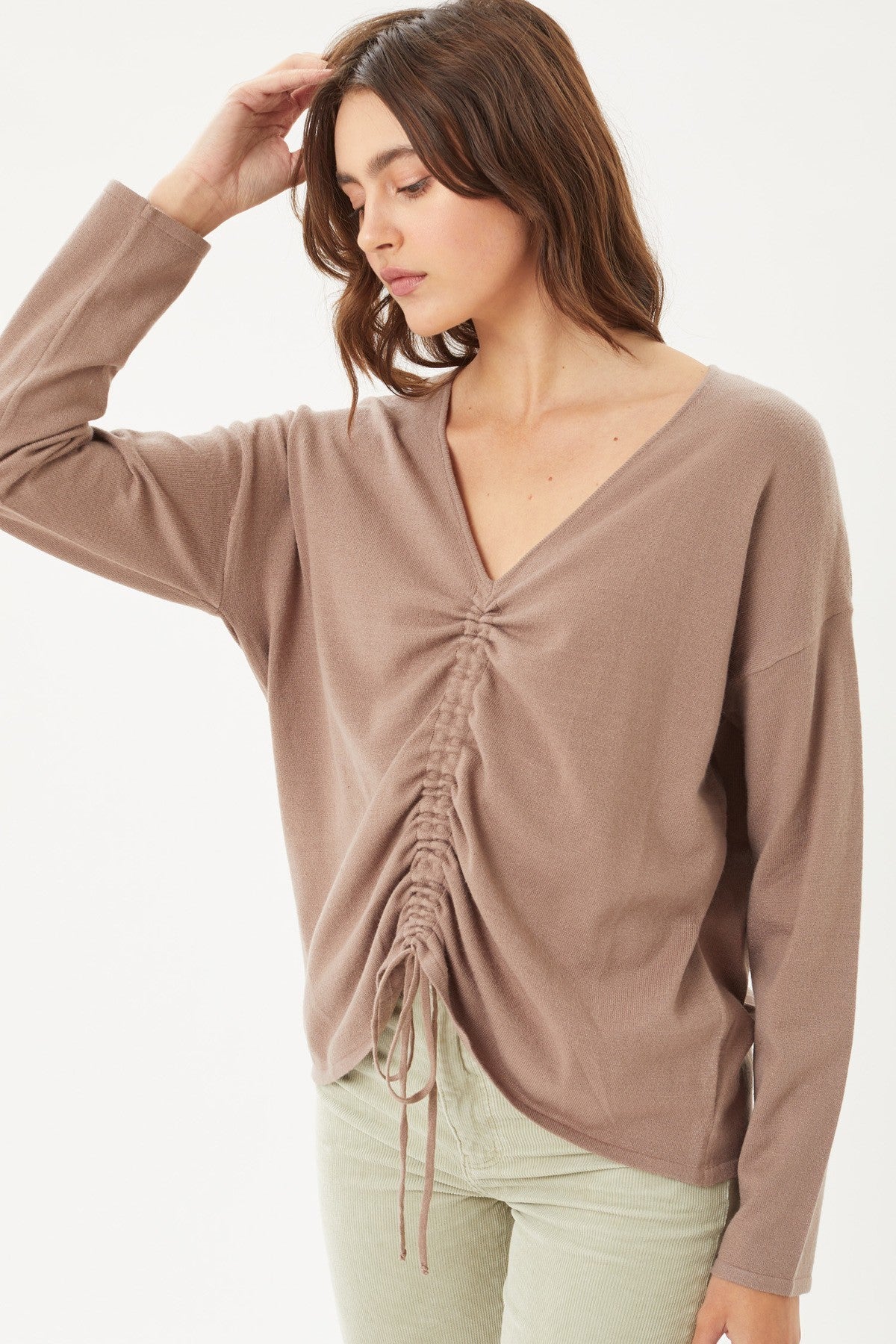 A Drawstring V-neckline Ruched Top