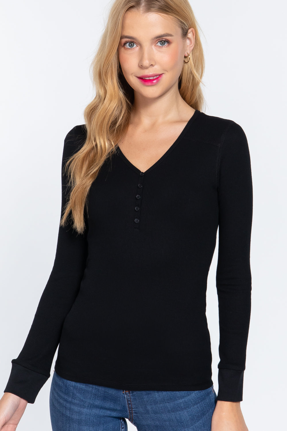 Long Sleeve V-neck Placket Women's Thermal Top