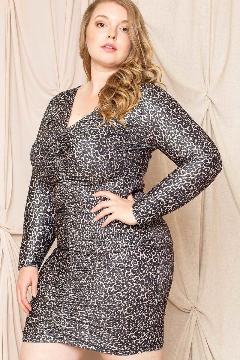 Leopard Print Shirring Plus Size Women's Mini Dress