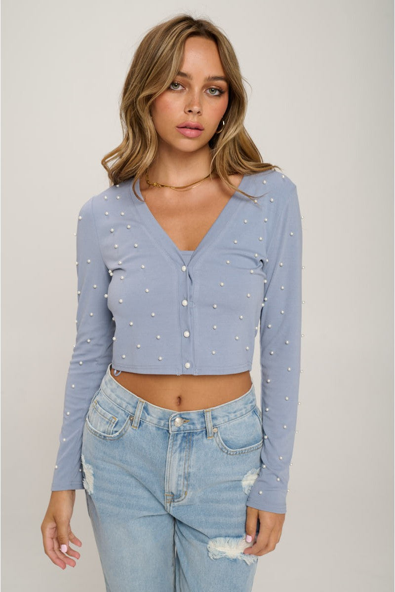 Faux Pearl Crop Women's Top And Cardigan Set