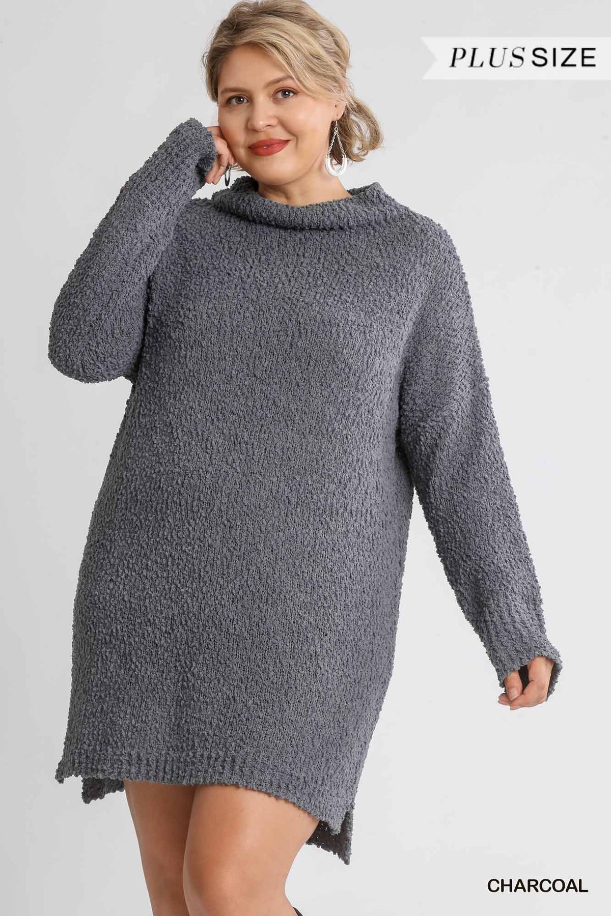 High Cowl Neck Long Sleeve Women's Sweater Dress