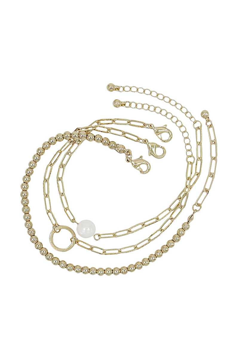 Gold Metal Chain Pearl Bracelet 3 Pc Set