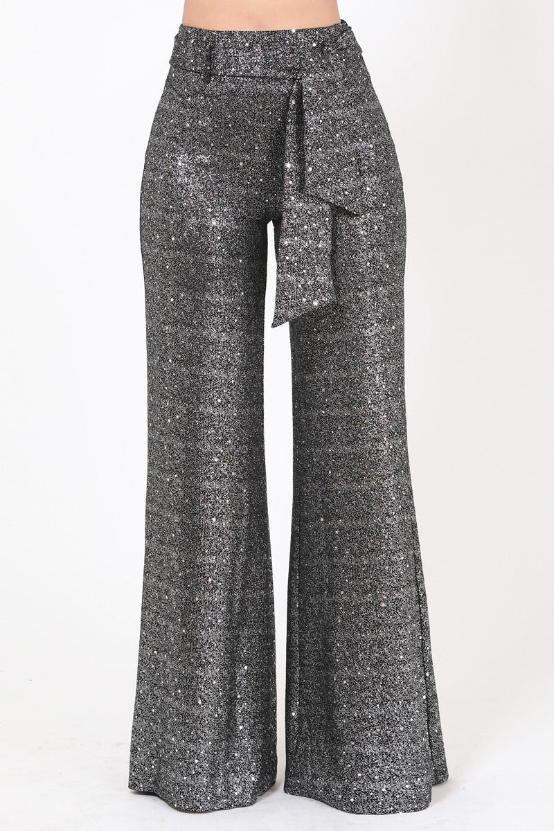 Shiny Paillette Women's Pants with Adjustable Buckle Belt