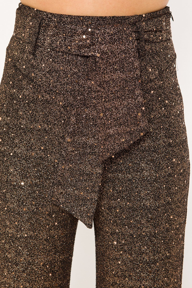 Shiny Paillette Women's Pants with Adjustable Buckle Belt
