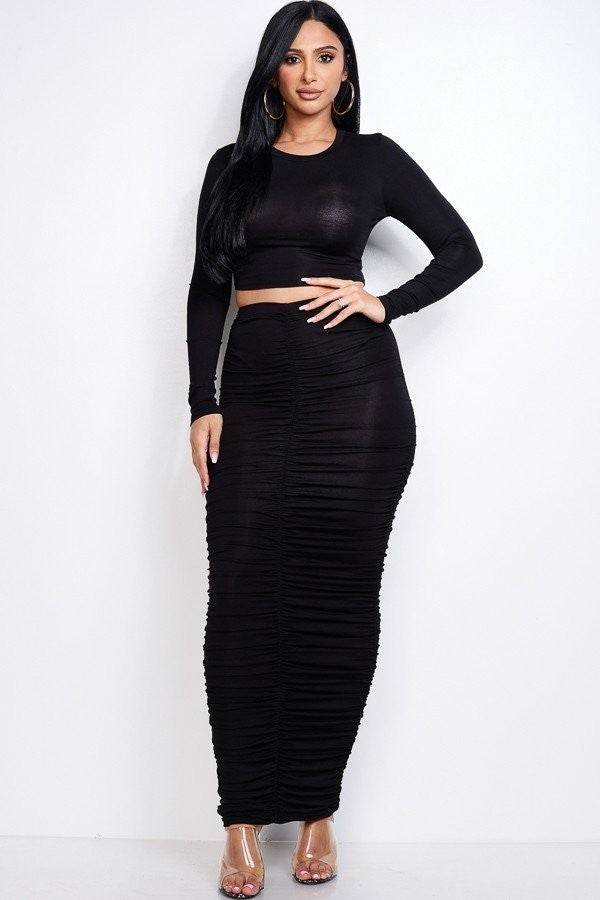 Spandex Long Sleeve Cropped Top Maxi Skirt