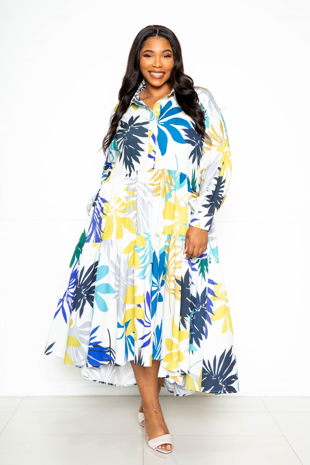 Printed Tierd Shirt Dress With Puff Sleeves