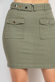 Belted Pocket Solid Mini Skirt