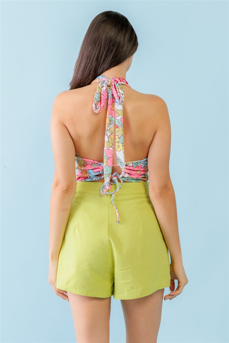 Multicolor Floral Print Sleeveless U-neck Self-tie Strap Bodysuit