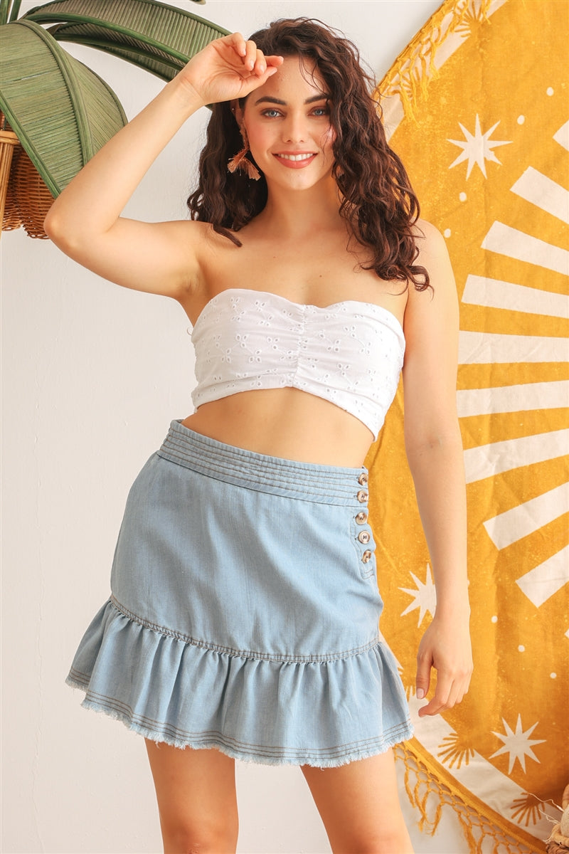 White Embroidery Cotton Strapless Smocked Back Crop Top