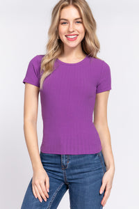 Short Slv Crew Neck Variegated Rib Knit Top 