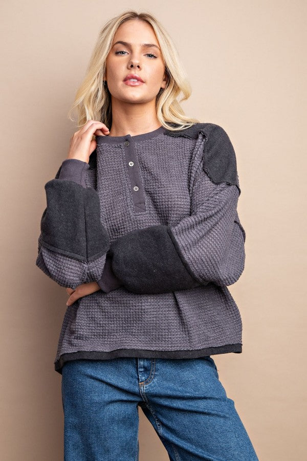 Waffle Knit And Fleece Contrast Henley Top With Button Front