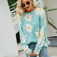 Daisy Print Openwork Round Neck Sweater