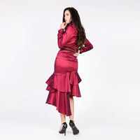 Deep Plum Asymmetrical Ruffle Bottom Satin Skirt