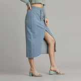 Denim Asymmetrical Waist And Front Split Women's Skirt