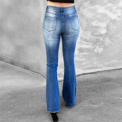 Distressed Flare Leg Jeans with Pockets